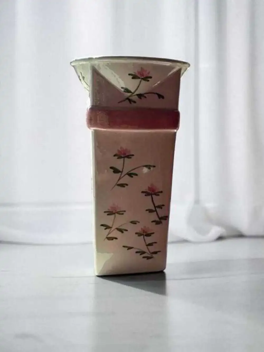Coastal Granny Decor Rose Motif Vase, Pink Ceramic, Small Mantel Accent